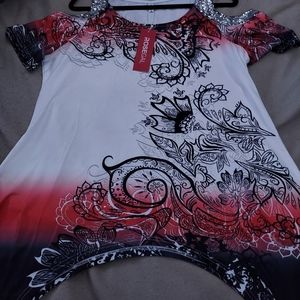 Red Sequin Cold Shoulder top